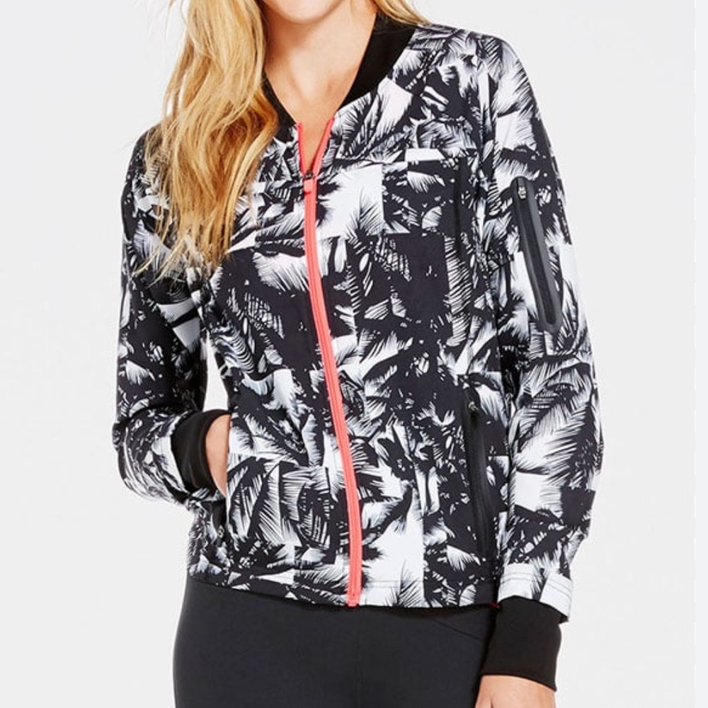 Fabletics Black & White Palm-Print Bomber Jacket with Coral Zip, Pockets Size M